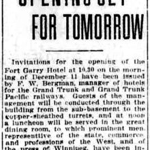 Image 3: Newspaper advertisement titled "Fort Gary Hotel Opening Set Tomorrow". 1913