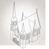 Steeply pitched roof with spire towers and pointed arch windows and entrance