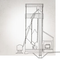 Weigh station on side of tall windowless structure with equipment to vacuum grain in and out of grain bins to trains