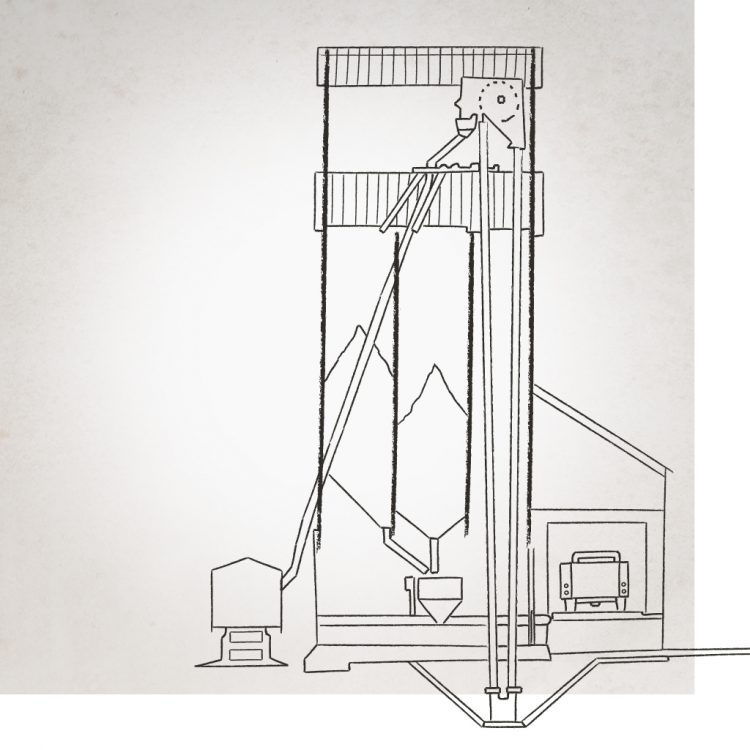 Weigh station on side of tall windowless structure with equipment to vacuum grain in and out of grain bins to trains