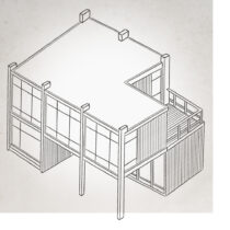 Flat roof above a 2-storey rectangular structure with balcony cut out of one corner