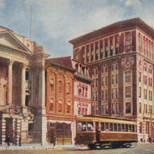 Image 1: Winnipeg’s Bank of Commerce (Millennium Centre) with people and antique vehicles on the sidewalk and street in front.