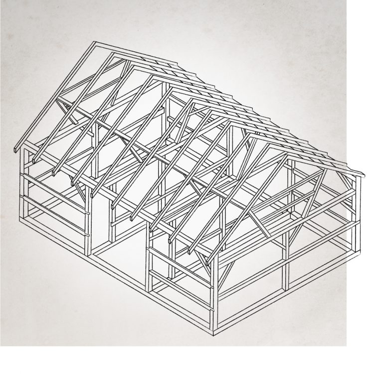 Gable-roofed frame built with heavy timber