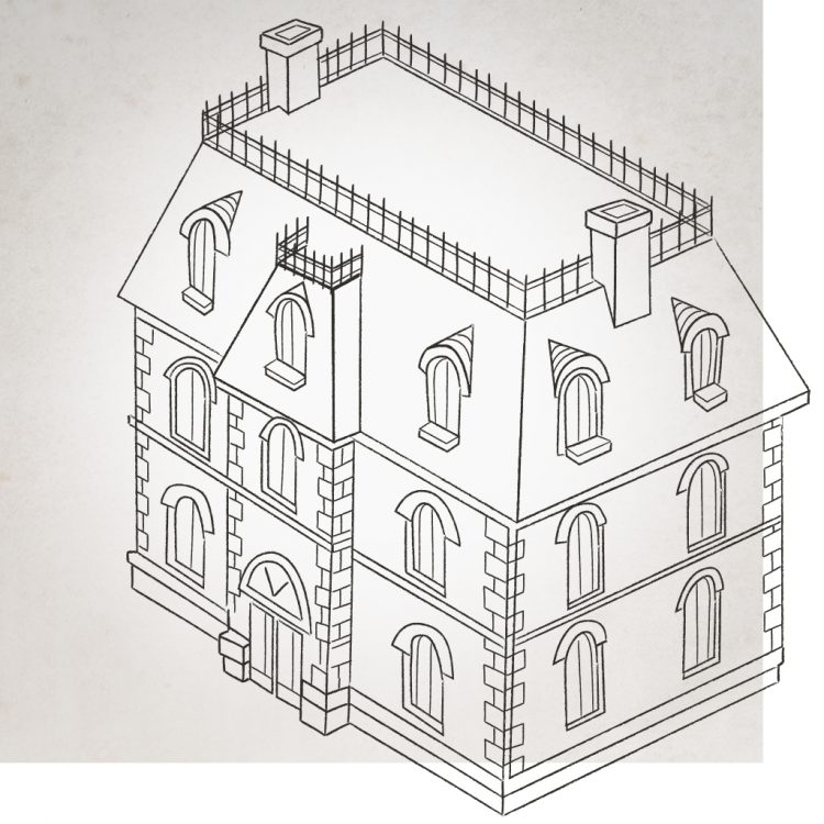 3-storey residence with dormer windows and a gated mansard roof