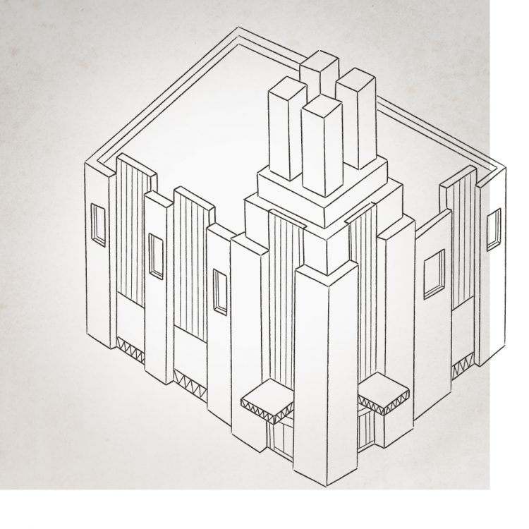 A 4-post square tower extending on the corner of a flat roof