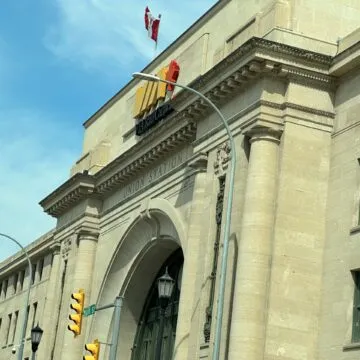 Front Union Station, lookup up and northward.