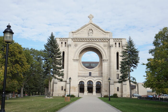 The front facade of the St. Boniface Cathedral with an empty opening for the rose window.