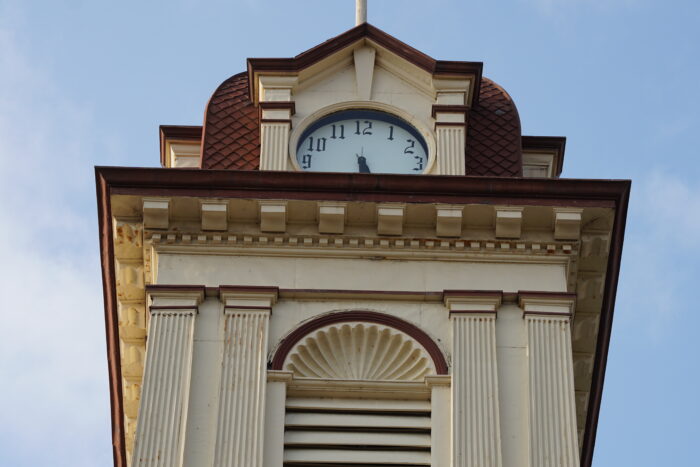 The tower with clock atop the St. Boniface City Hall.