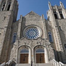 Image 11: Looking up the facade of Westminster Church facing Maryland Street