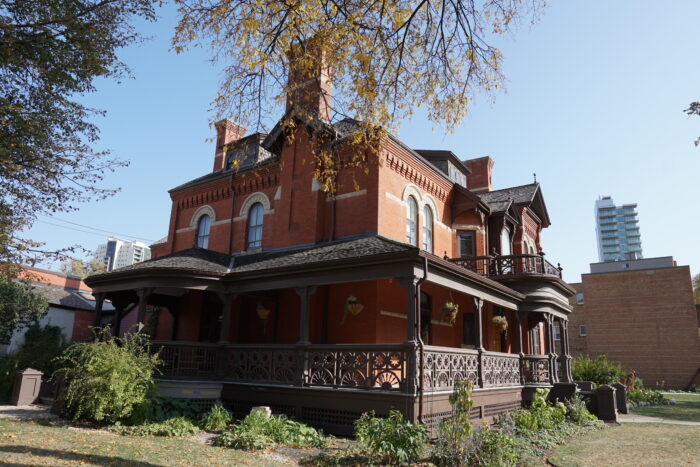 A verandah encompasses two sides of the Dalnavert building.