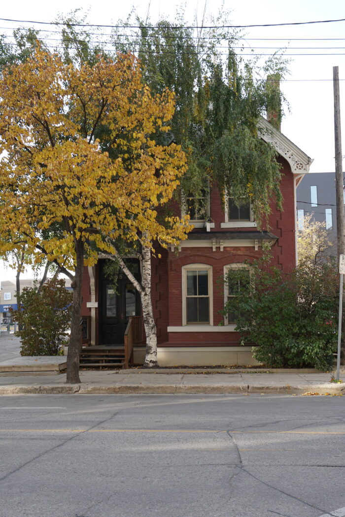 Kelly House with a tree and bush growing in front and obscuring part of the facade.