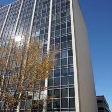 Image 3: Looking up the facade of the Norquay Building with a trees in front