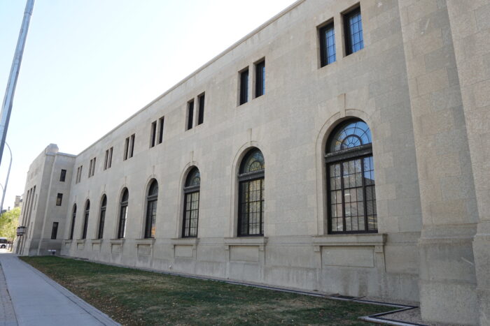 Side facade of Civic Auditorium with several arched windows