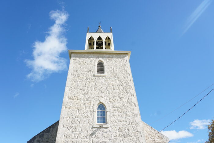 Looking up at the front tower of St. Andrews Church.