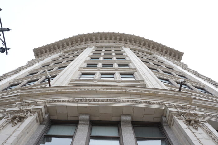 Looking up at the front facade of the Confederation Life Building.