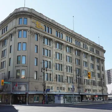 Winnipeg’s Hudson’s Bay Company Downtown Store with the skywalk connecting to the second storey.