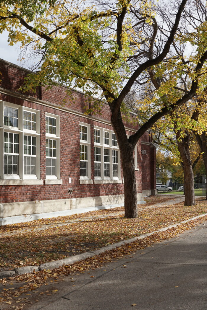 Wolseley School with two trees growing on the boulevard in front.