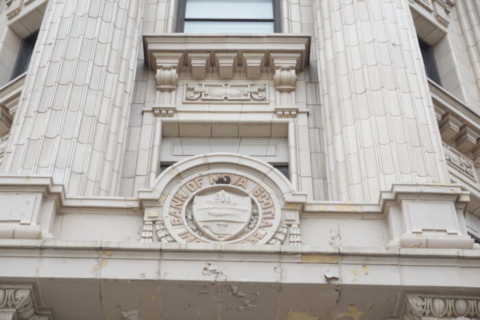 The ornamentation above the front entrance of Winnipeg’s downtown Bank of Nova Scotia building.