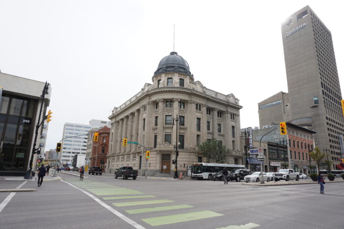 Winnipeg’s downtown Bank of Nova Scotia building as viewed from across an intersection.