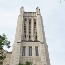 Image 2: Looking up one of the two towers of Knox Church