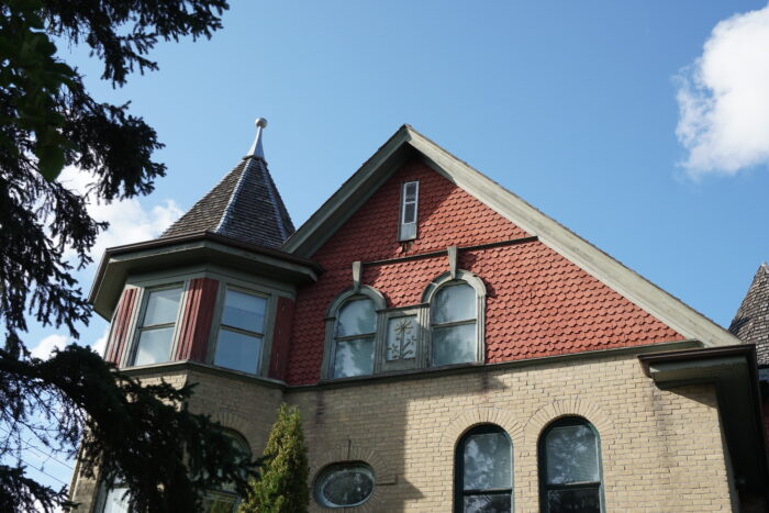 Top of Myer House tower and roof gable.