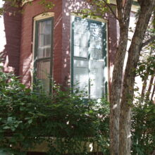 Image 3: Green framed and glass paned windows in a bay style arrangement not he facade of the house with foliage and trees slightly covering it