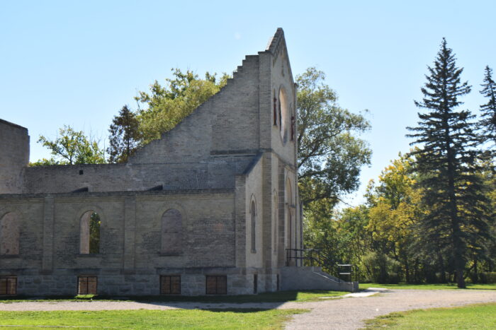 A side view of the front entrance of the Trappist Monastery Church.