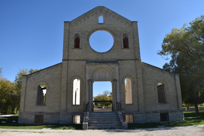 The front facade of the Trappist Monastery Church. The windows have no glass.