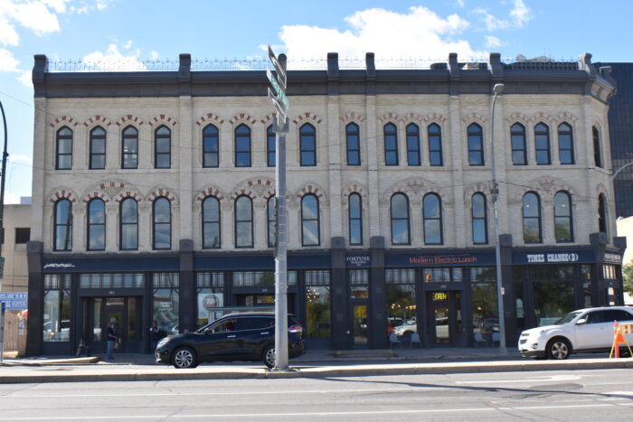 Looking up the facade of the Macdonald Block building