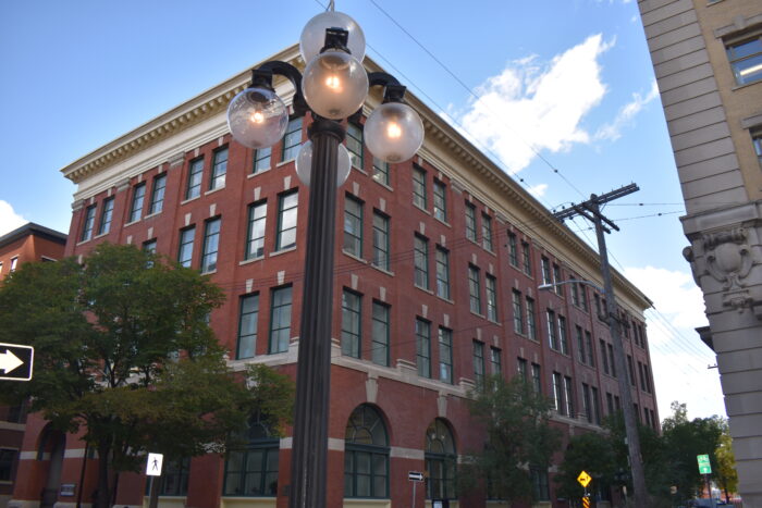 A streetlight in front of Winnipeg’s Customs Examining Warehouse.