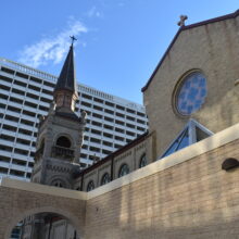 Image 1: Looking up the facade of St Mary's Cathedral on the Hargrave Street side