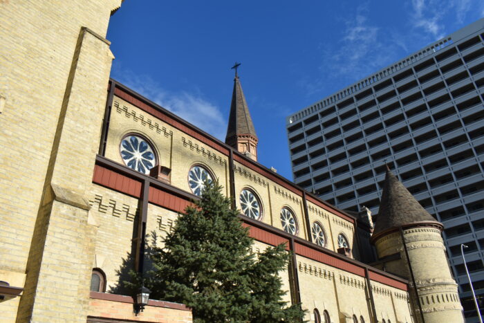 A side facade of St. Mary’s Cathedral. A coniferous tree grows along the facade.