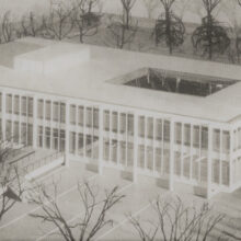 Image 1: Black and white photo of the roof and facade of John A. Russell building