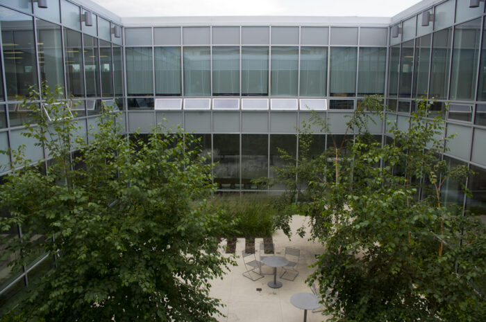 The courtyard of the John A. Russell Building with trees, chairs and a table in it.