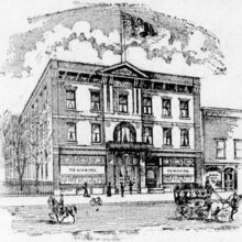 A drawing of the Winnipeg Hotel with people, horses, a bike and a carriage in front.